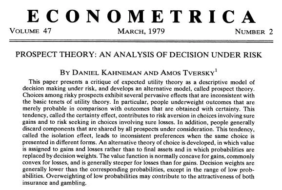 Kahneman 与 Tversky 发表于 Econometrica（1979）的 Prospect Theory：An Analysis of Decision under Risk 论文首页